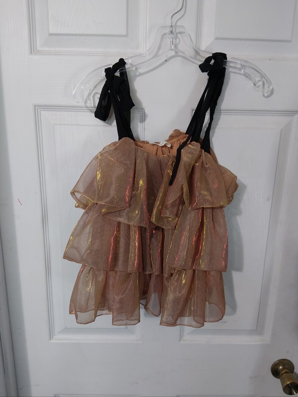 Anthropologie Shimmery Gold Tiered Ruffle Tank with Black Tie Straps